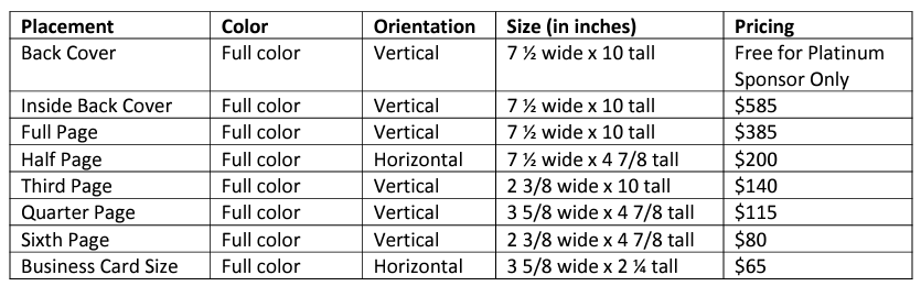 Quilt Plano Program Ad Sizes and Dimensions